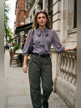 Yes Or No Vintage Chic Sheer Gray Blouse with Bow M
